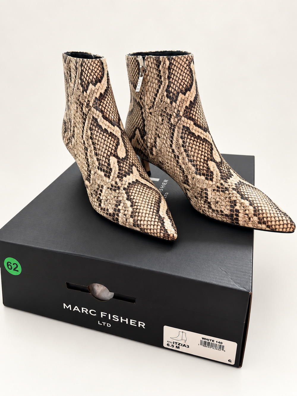 Marc Fisher LTD Itzia White Snake Leather Kitten Heel Booties Size 6.5M NIB $189